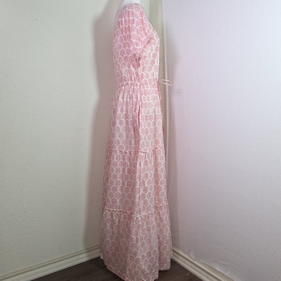 Roller Rabbit Pink Block Print Boho Maxi Dress XXS (L) Cotton Lined Tassel Tie - Picture 3 of 13
